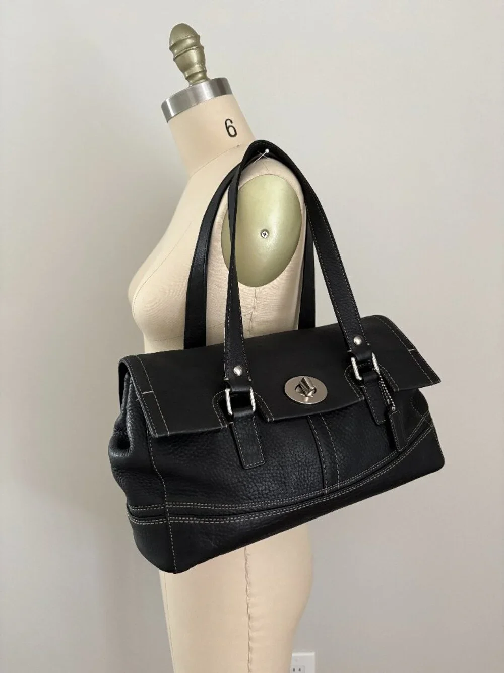 Coach Hamilton Black Pebbled Leather Turnlock Satchel Bag F13091 Quiet Luxury